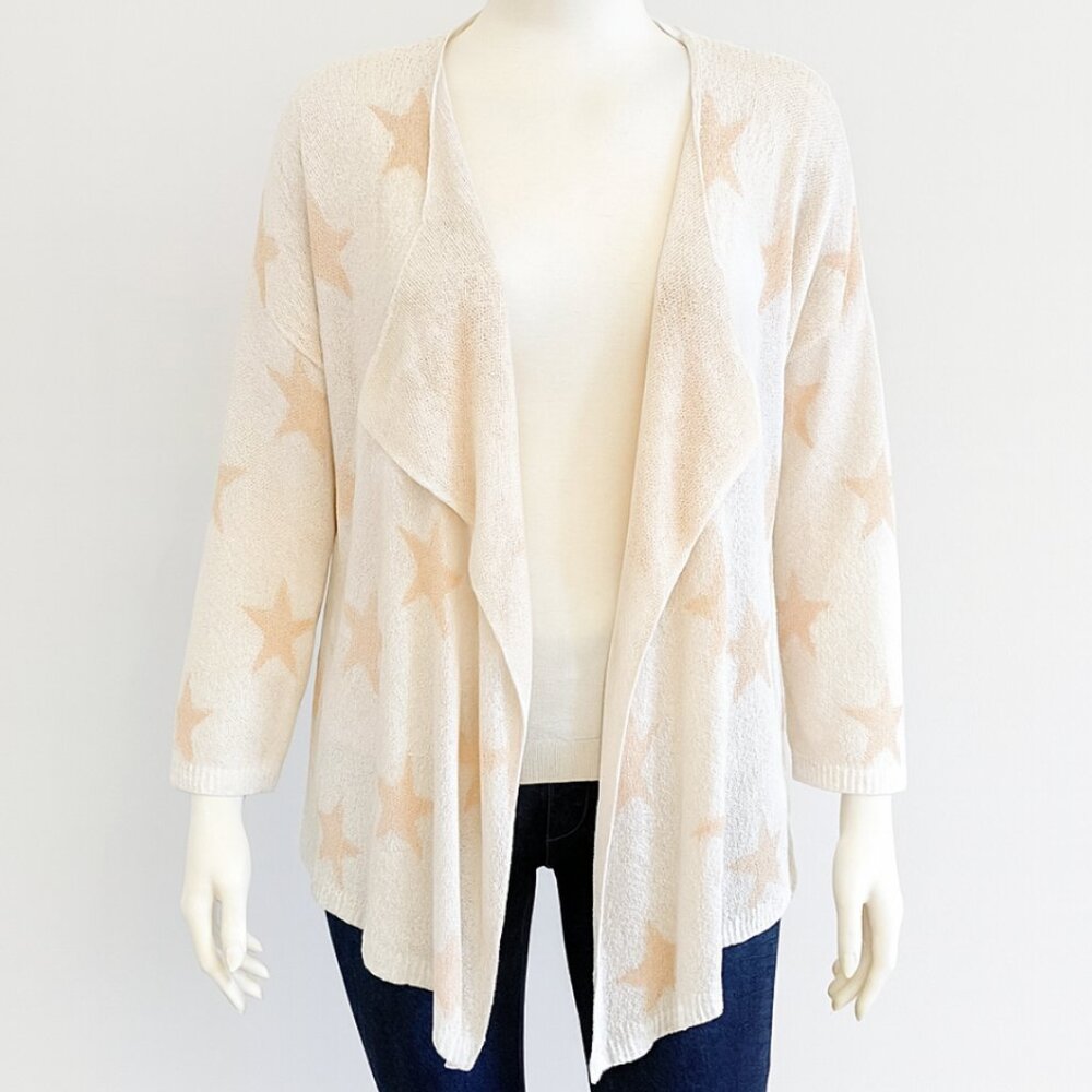 POL Sweater Womens Large Cream Cardigan Stars Semi Sheer Neutral Earthy Bohemian